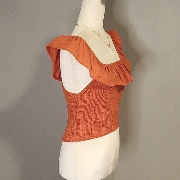 Monteau Orange Smocked Ruffled On or Off Shoulder Crop Top - Size XL - Picture 3 of 11